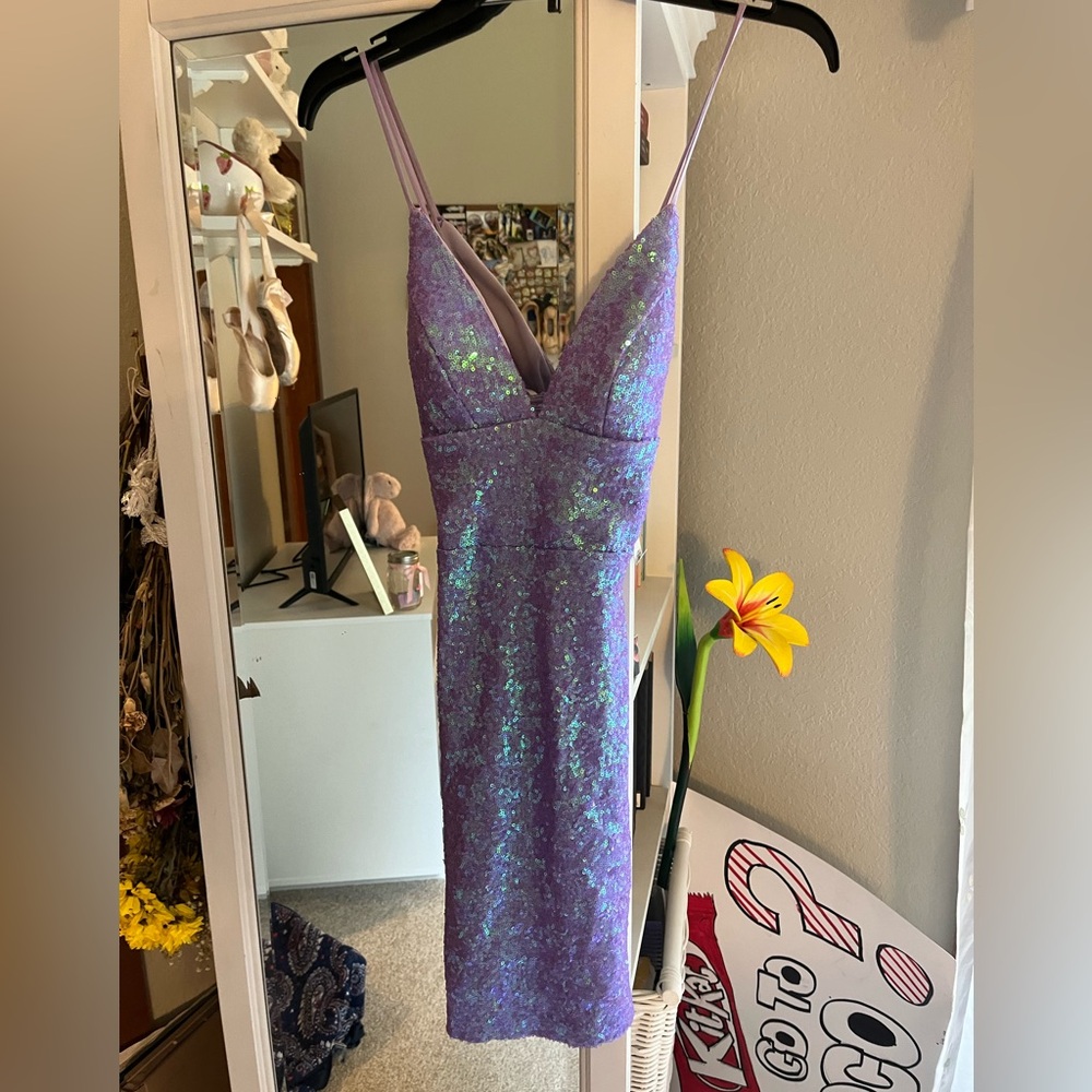 B Darlin Iridescent Purple Sequin Dress
